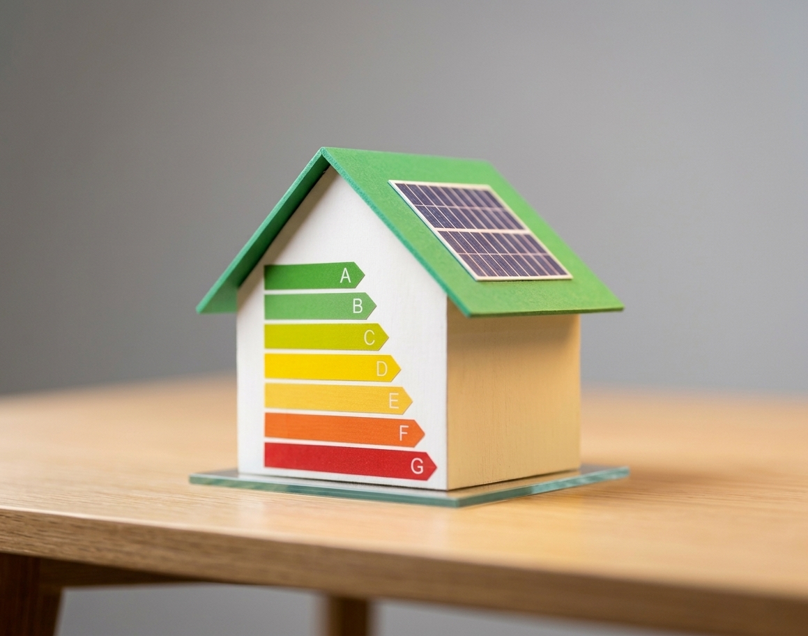 Modellhaus mit Energieeffizienz-Skala und Solarpanel